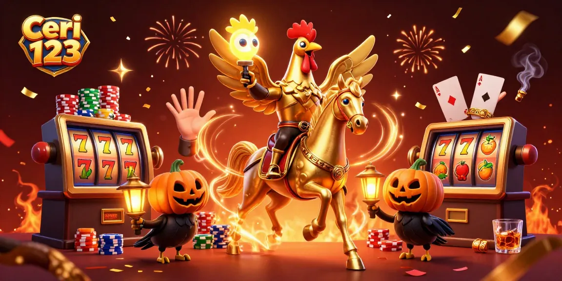Ceri 123 illuminates a thrilling casino scene where a golden rooster and pumpkin-headed crows engage in exciting slot jackpots