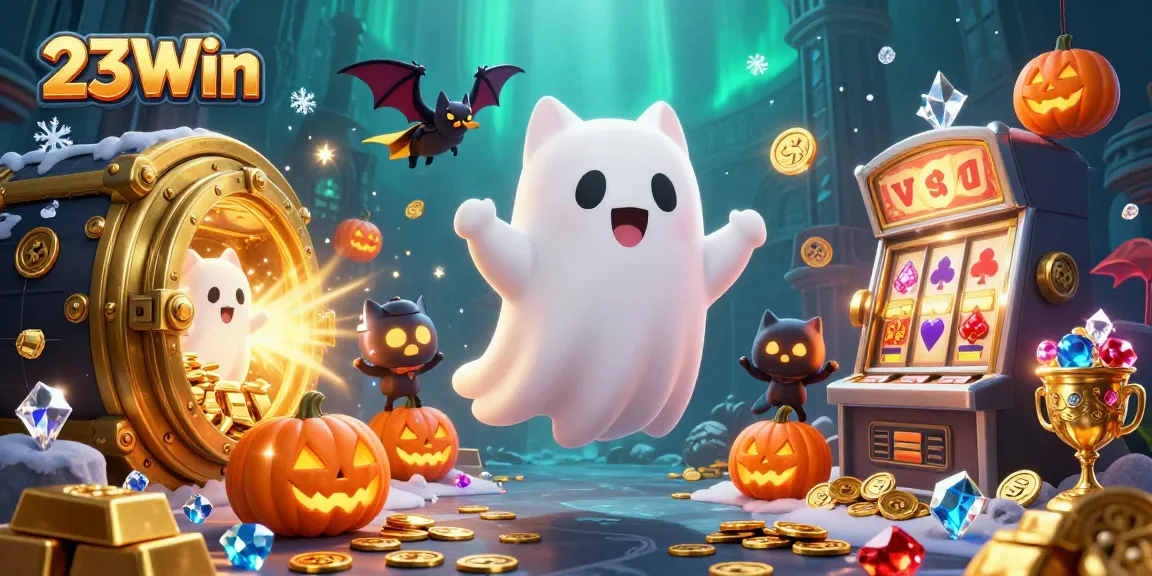 Experience thrilling fun at 23Win with friendly ghost cat and vampire bat in a rich casino scene.