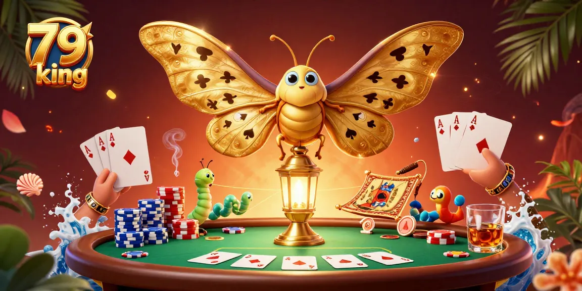 Engage in thrilling casino action with 79king's vibrant illustration showcasing a majestic moth amidst game elements.
