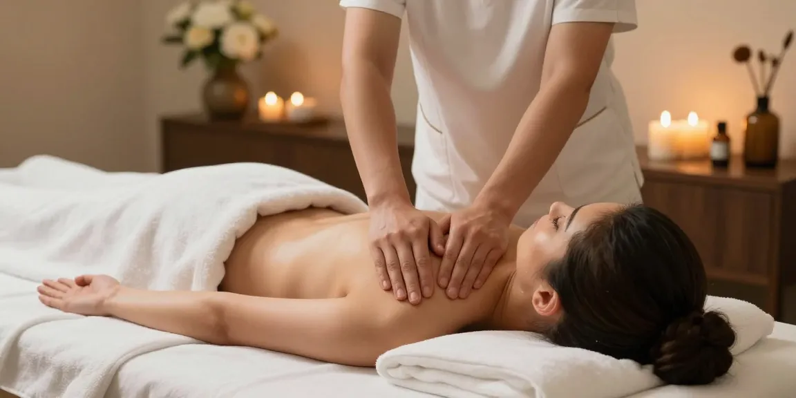 마사지 치료를 받는 고객과 편안한 분위기 속의 마사지 테이블을 특징으로 한 스파 장면