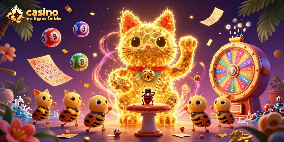 Découvrez un univers coloré de jeux de casino en ligne fiable avec un chat porte-bonheur et des ballons.