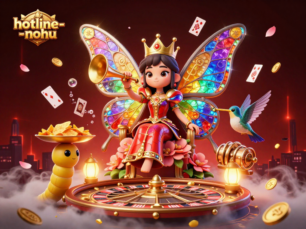 Engage with hotline-nohu's vibrant casino action featuring a butterfly queen amid spinning reels and playing cards.