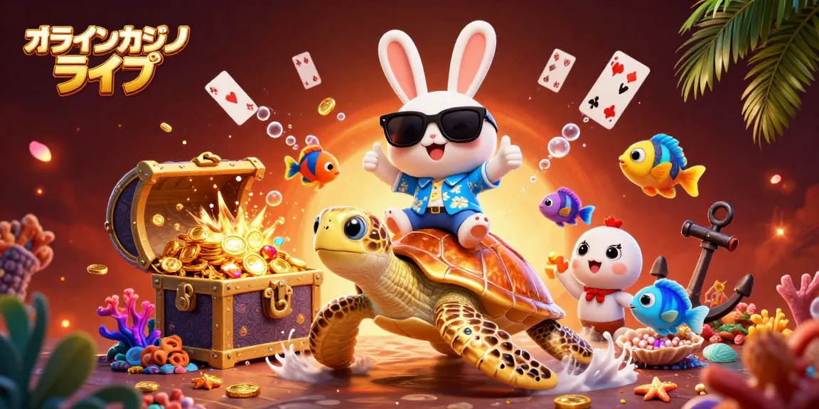 オンラインカジノ ライブで幸運を呼ぶウサギと金色のカメが楽しく遊んでいるイラスト