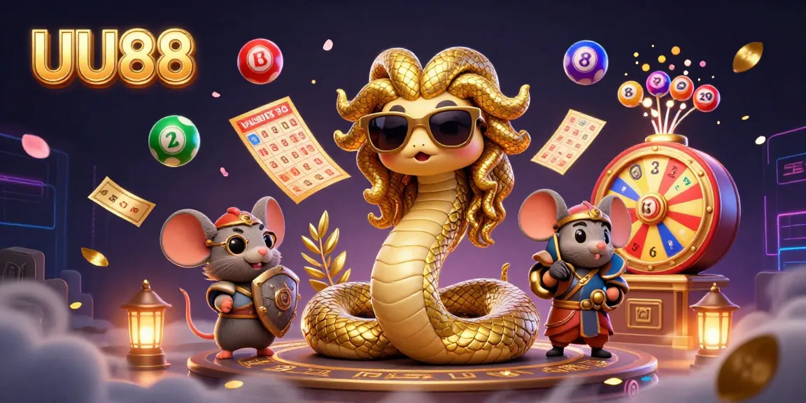 Engage with UU88 as Medusa and a warrior mouse interact among vibrant lottery elements in a captivating casino scene.