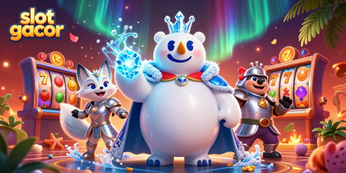 Experience thrilling slot gacor action with a polar bear king and snow fox in a vibrant casino scene.