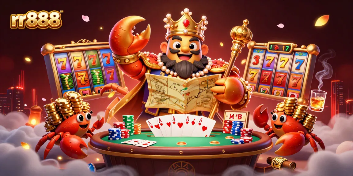 Play exciting games at rr888 with the golden crab emperor leading a treasure hunt amidst vibrant casino elements.