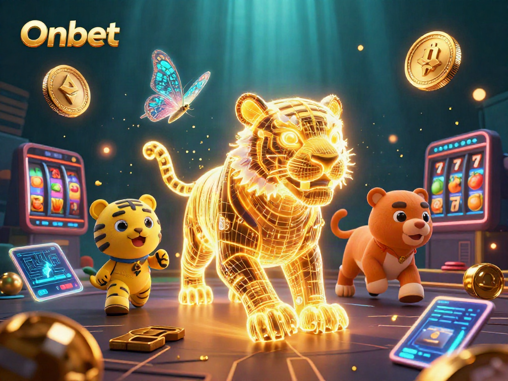 Play thrilling games at Onbet with a glowing golden tiger and dynamic casino elements in a vibrant digital setting.