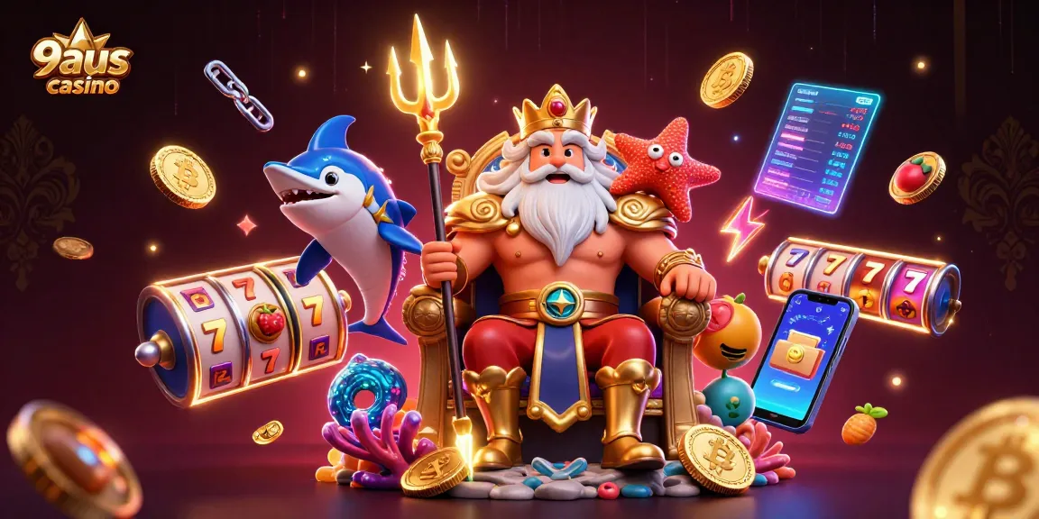 Engage with thrilling slots at 9aus casino, where Neptune reigns over a vibrant scene filled with jackpots.