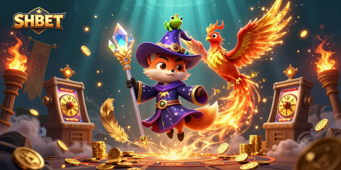Engage in thrilling casino action with SHBET featuring a wizard fox, phoenix, and gold coins amidst dynamic game elements.