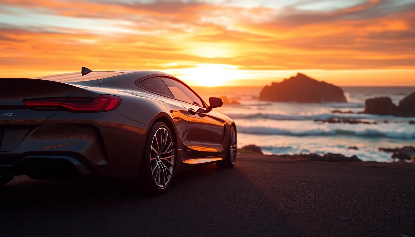 Captivating Luxury BMW car showcased on a scenic coastal road during sunset.