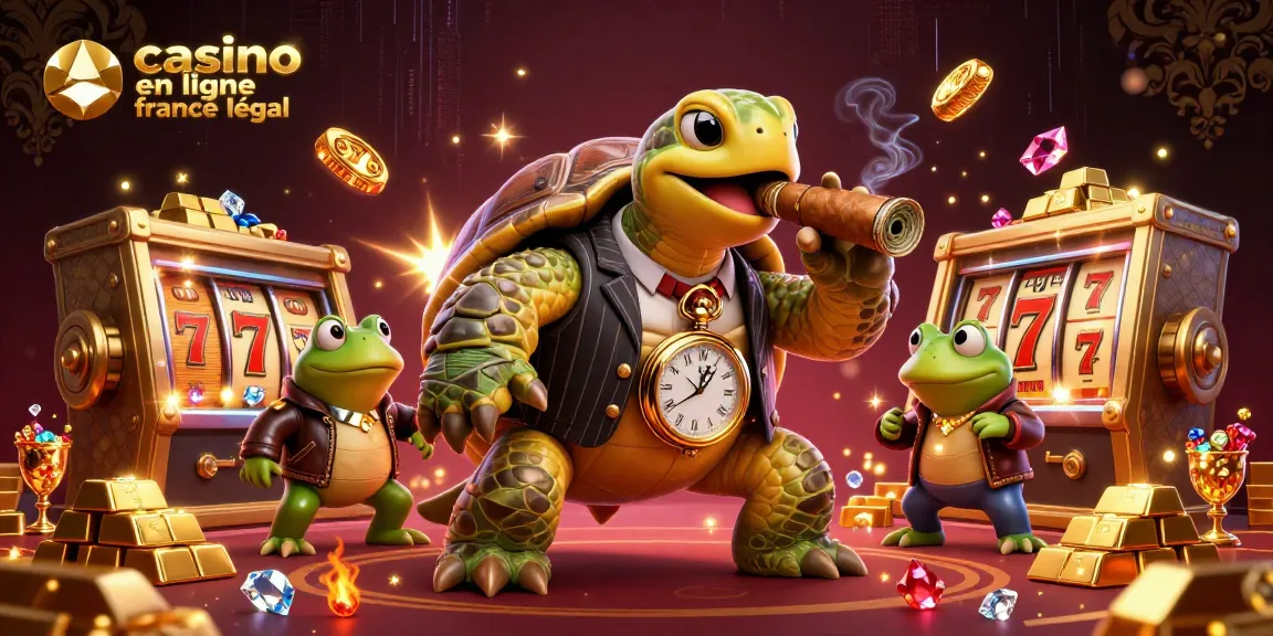 Une illustration animée 3D d'une tortue en costume de gangster, jouant au casino en ligne légal en France et entourée de joyaux.