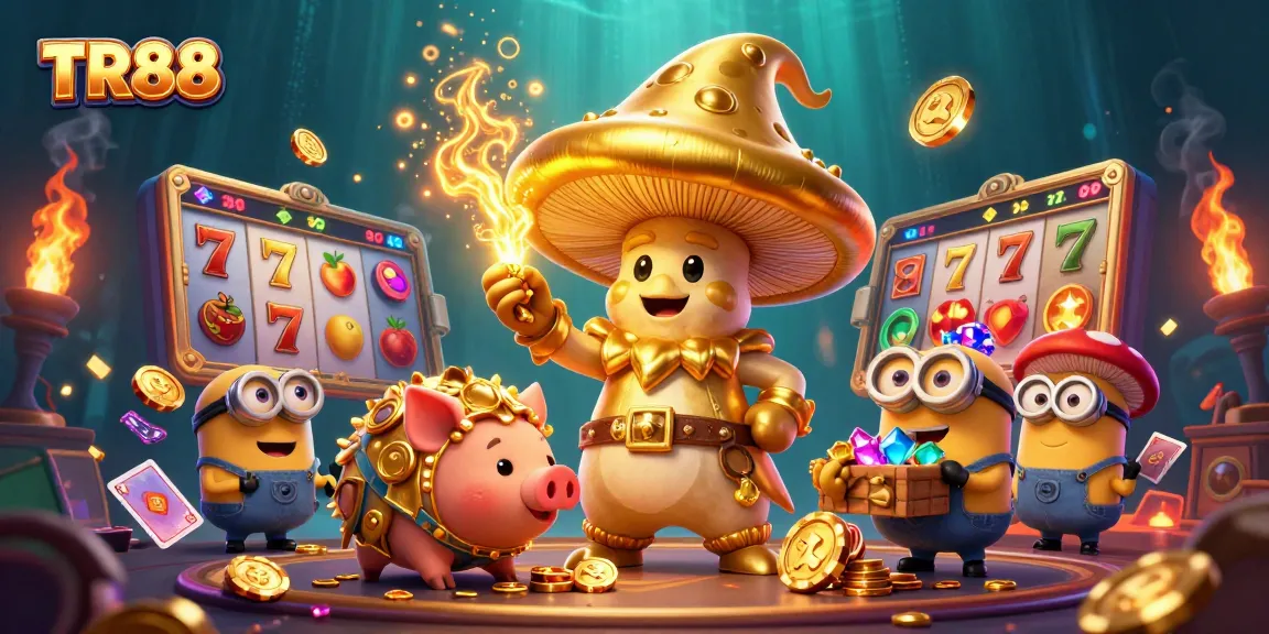 Experience the magic of TR88 as a golden mushroom wizard channels spore power in an enchanting casino scene.