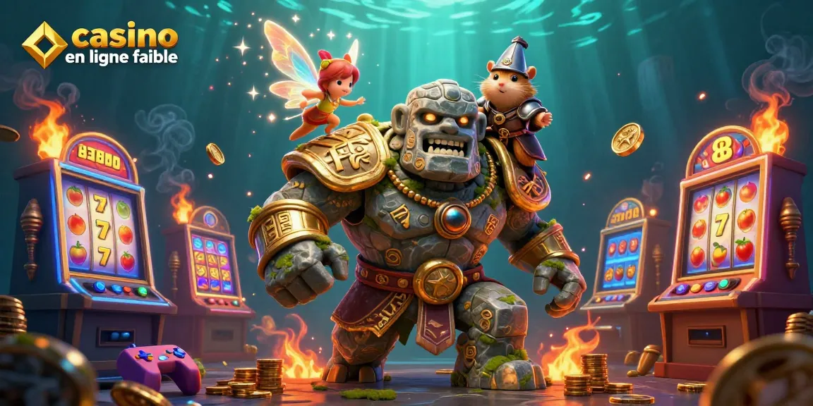 Jouez sur un casino en ligne fiable avec un golem gardien, une fée magique, et un hamster chevalier entourés de machines à sous.
