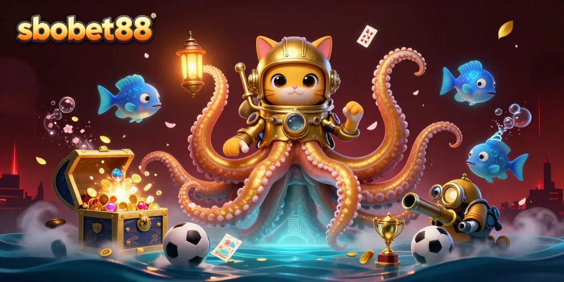 Engage with sbobet88, featuring a colossal kraken and diving cat amidst dynamic sports betting elements.