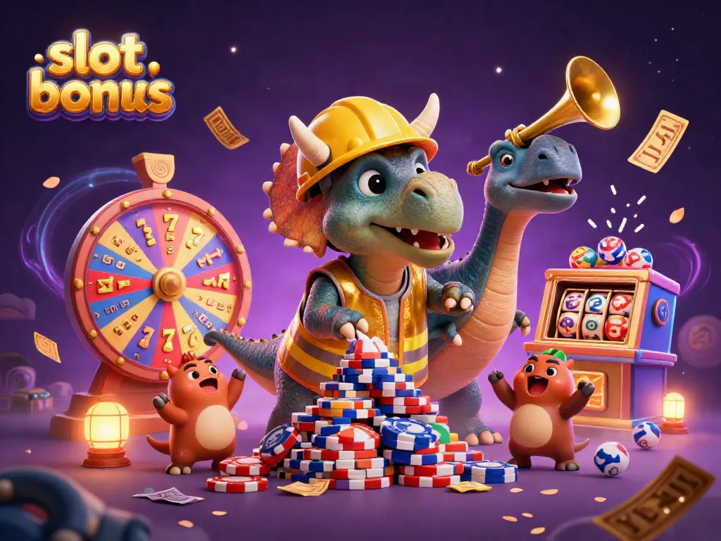 Engaging illustration showing a triceratops and friends celebrating a slot bonus with interactive elements like lucky 7s and spinning wheels.