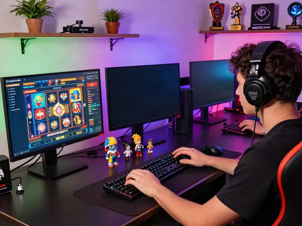 Engaged player enjoying a colorful สล็อตเว็บตรง game in a vibrant digital casino setup.