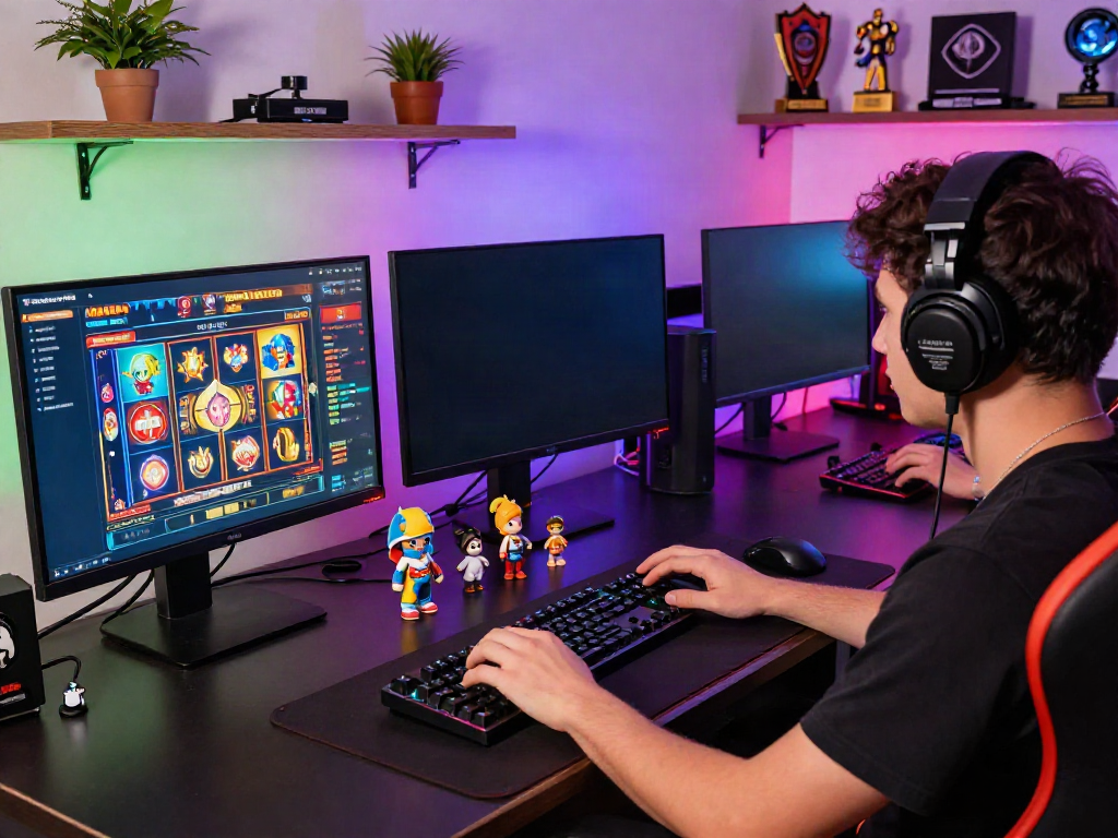 Engaged player enjoying a colorful สล็อตเว็บตรง game in a vibrant digital casino setup.
