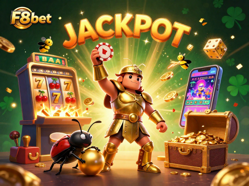 F8bet celebrates winnings with a 3D illustration featuring characters and casino elements in a dynamic jackpot scene