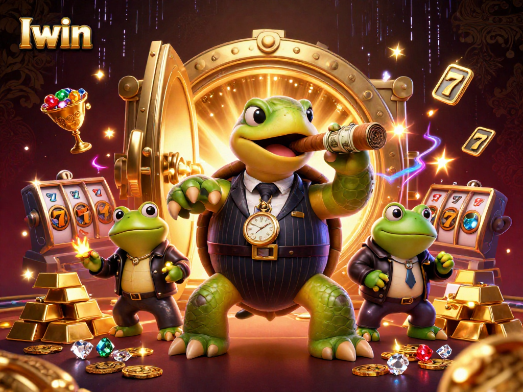 Iwin showcases a massive snapping turtle mobster and bullfrog enforcers amidst a dynamic casino scene.