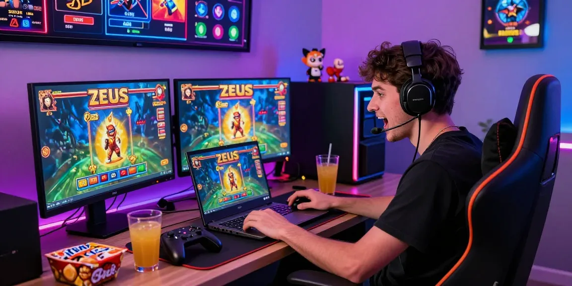 Excited gamer plays slot zeus on laptop surrounded by colorful gaming setup.