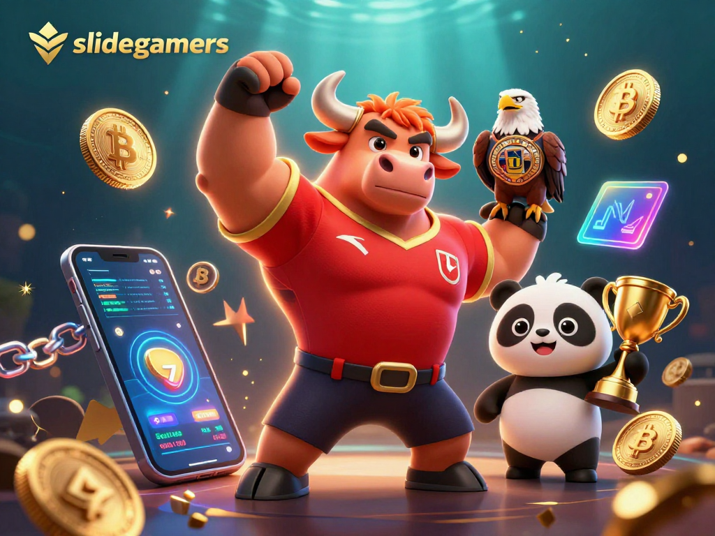 Slidegamers showcase excitement of gaming with winning moments featuring digital tokens and vibrant characters.