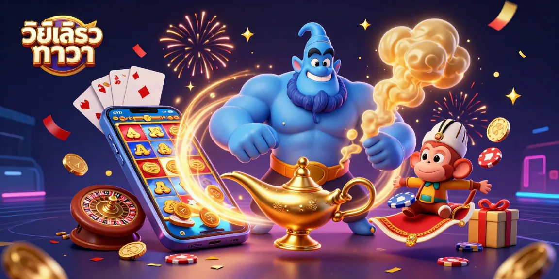 Experience วิธีเล่นบาคาร่า with a vibrant 3D casino scene featuring a blue genie and a monkey.