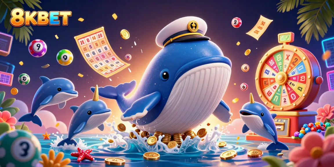 Experience thrilling moments with 8KBET in this vibrant 3D casino scene of whales and dolphins!