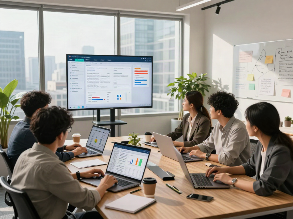 Team analyzing document fraud detection software in a modern office setting, emphasizing collaboration and innovation.