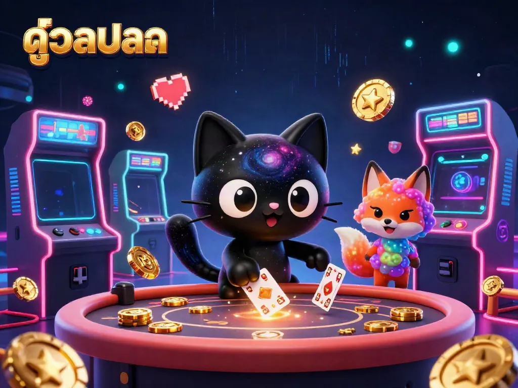 Experience ดูบอล at its best with a vibrant 3D cosmic casino scene featuring a black hole cat and colorful elements.