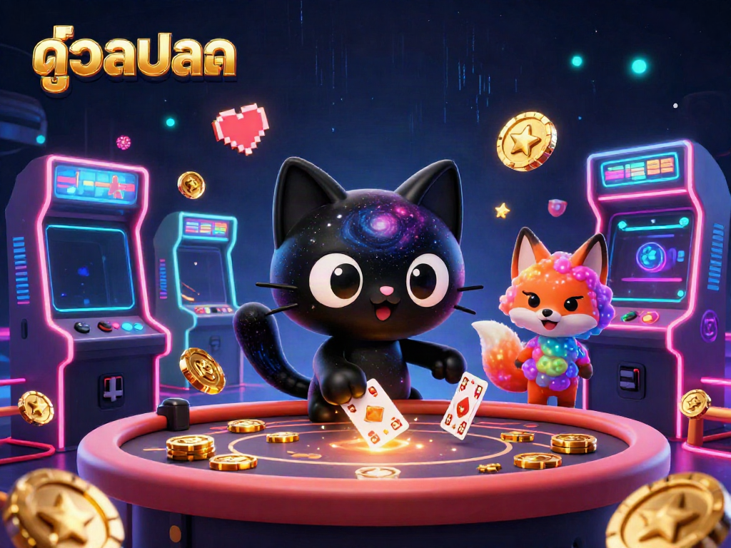 Experience ดูบอล at its best with a vibrant 3D cosmic casino scene featuring a black hole cat and colorful elements.