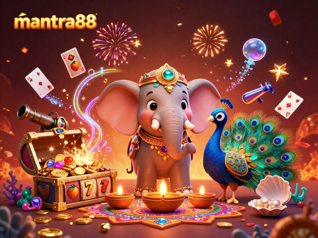 Experience mantra88 with a vibrant 3D casino illustration showcasing dynamic slot elements and festive decorations.