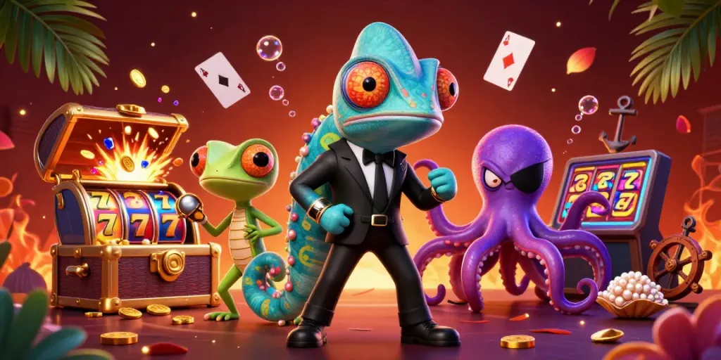 dhx4d menampilkan ilustrasi kasino ceria dengan karakter menarik dan elemen permainan yang dinamis.