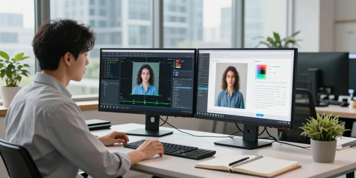 AI-Generated Image Detection tools in a bright tech workspace with a data scientist analyzing results.