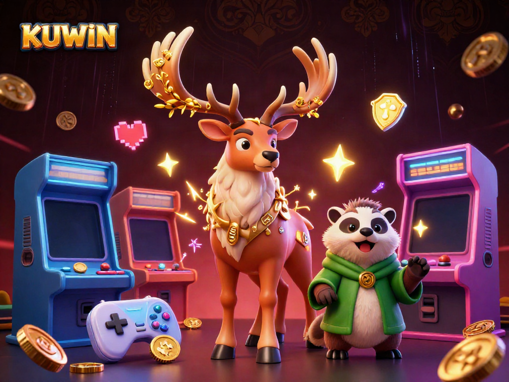 Join the adventure with KUWIN's enchanting druid stag and clever badger in a vibrant casino scene.