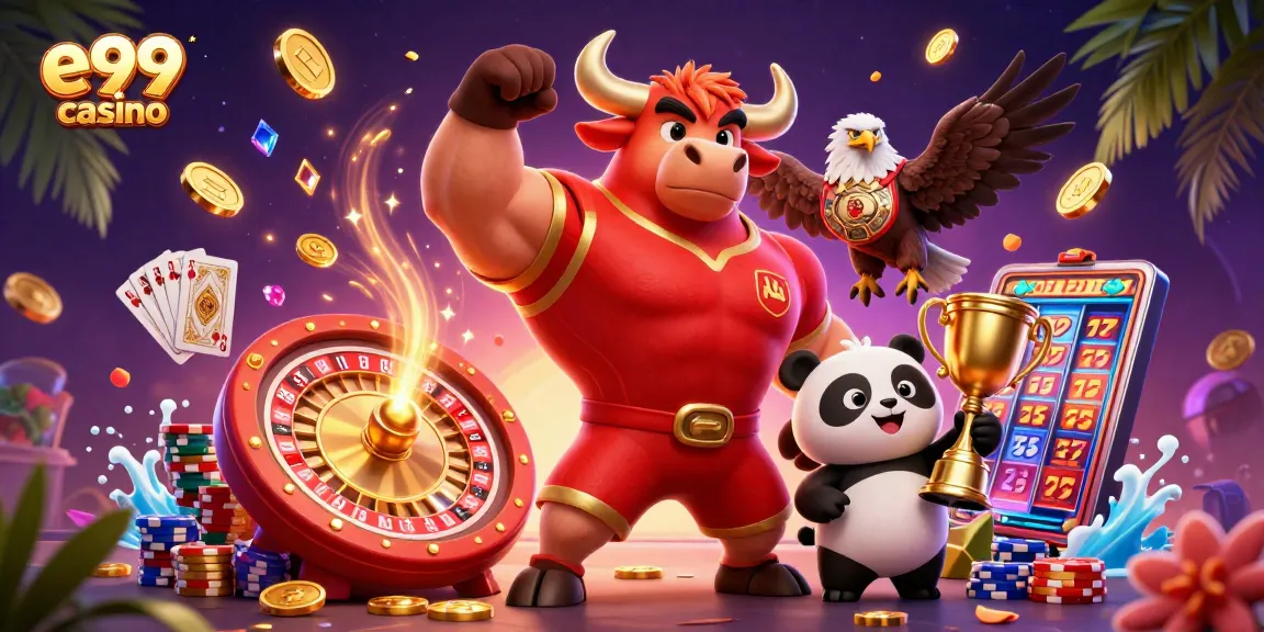 Win at e99 casino with thrilling rewards, featuring a victorious character scene.