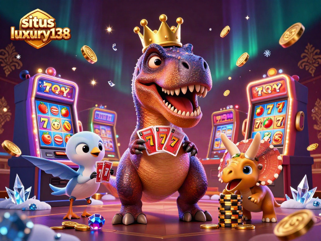 Situs luxury138 menampilkan karakter lucu dalam dunia kasino dengan chip emas dan simbol buah.
