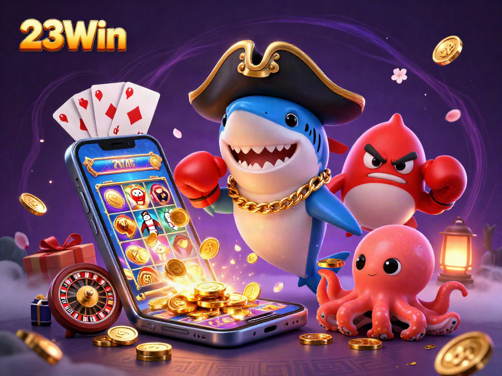 Engage in thrilling gameplay at 23Win with vibrant cartoon characters and exciting casino elements.