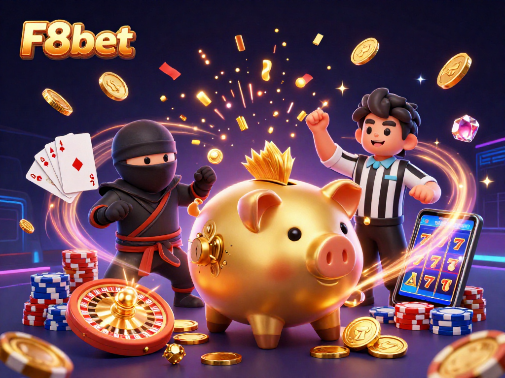 Spin winning reels at F8bet with a golden piggy bank, ninja, and samurai amidst cascading coins.