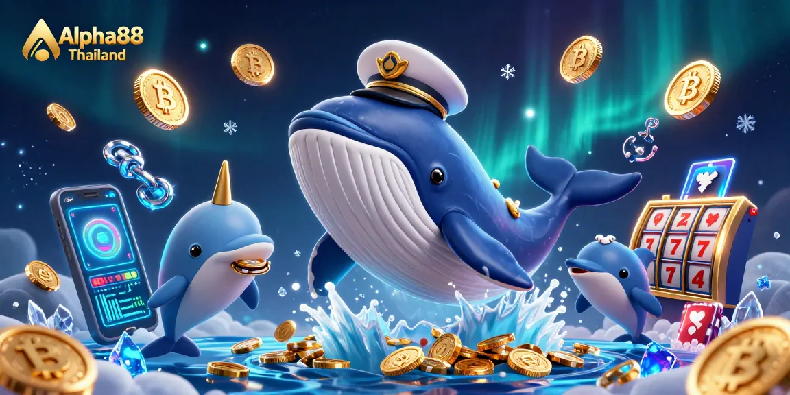 Engage with Alpha88 Thailand's exciting promotions featuring a whale in a sea of coins amidst vibrant gambling elements.