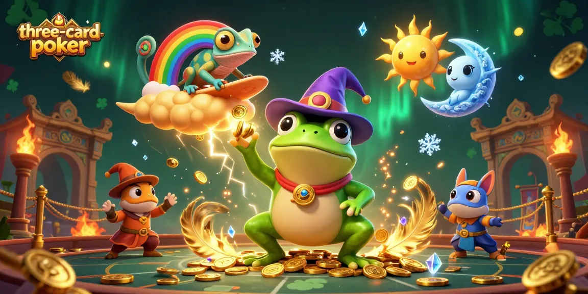 Engage in three-card-poker strategy with 3D cartoon characters battling in a vibrant casino atmosphere.