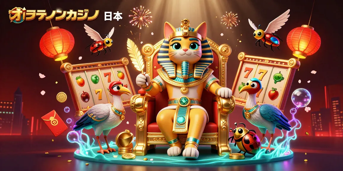 オンラインカジノ 日本のスロットゲームを楽しむファラオの猫とその仲間のイラスト