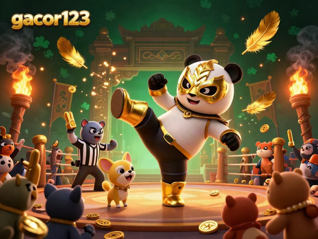 Experience thrilling action with gacor123 featuring a panda in a lucha libre mask kicking, amidst vibrant gambling elements.