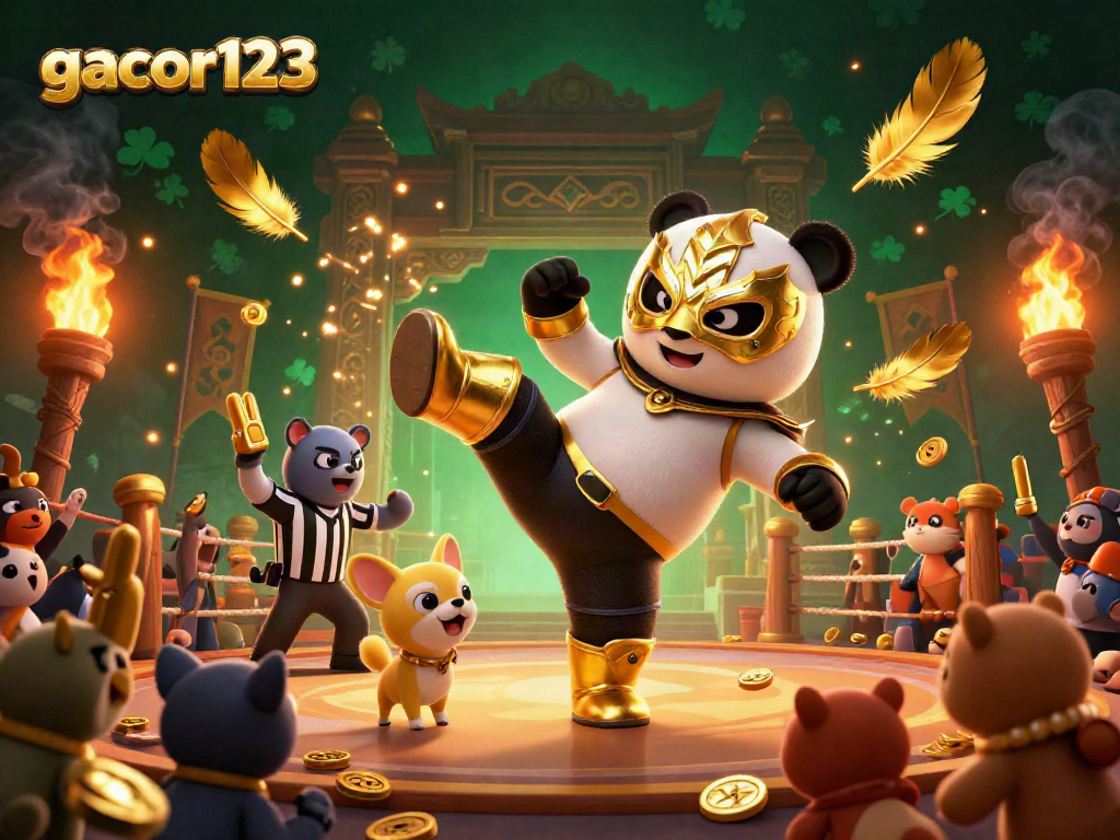 Experience thrilling action with gacor123 featuring a panda in a lucha libre mask kicking, amidst vibrant gambling elements.