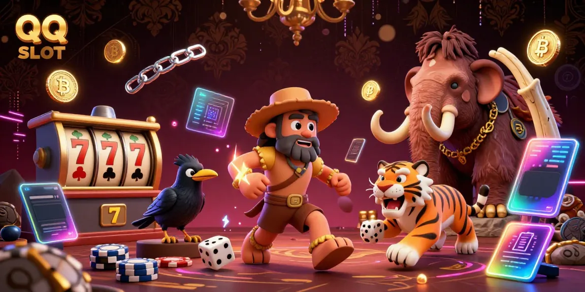 Experience thrilling QQ SLOT adventures in a vibrant prehistoric casino environment with cartoon characters and crypto elements.