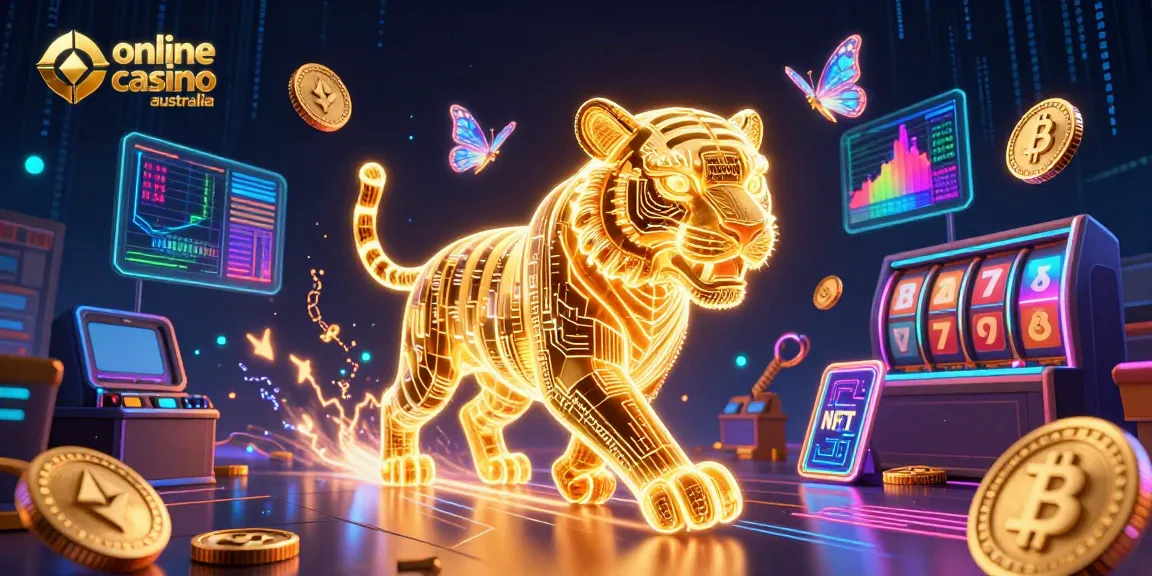 Experience the vibrant scene of an online casino australia, featuring a golden tiger and glowing crypto coins dynamically interacting.