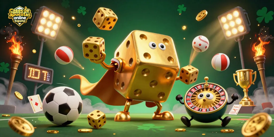 Visualiza casas de apuestas online España con un golem de dados dorados y elementos deportivos.