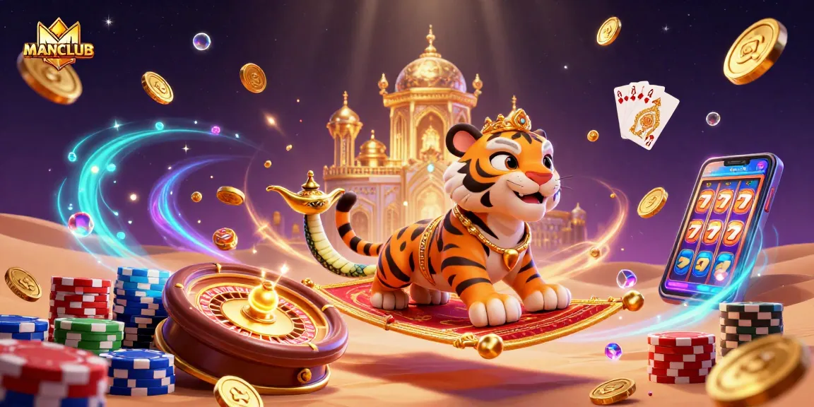 Experience the thrill of MANCLUB with a vibrant 3D casino scene featuring a tiger sultan and spinning roulette.
