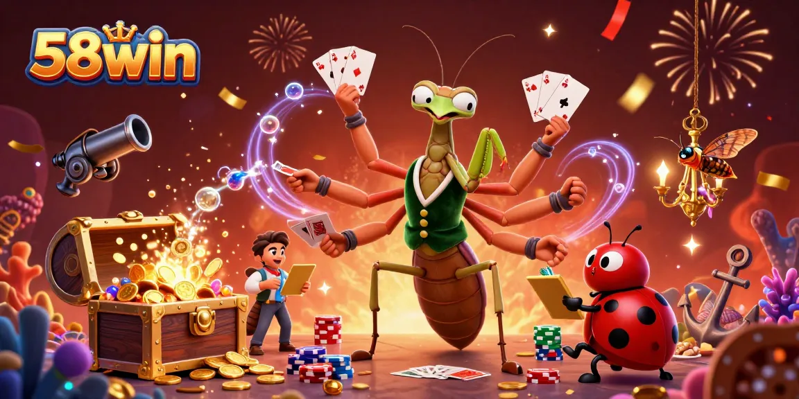 Experience thrilling games at 58win with giant characters, vibrant treasures, and confetti celebrations.